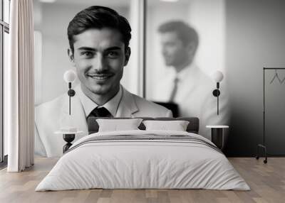 High-contrast, monochromatic photograph of a youthful businessman, isolated against a soft, blurred office environment Wall mural