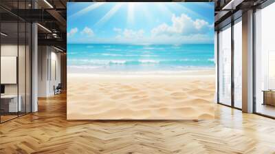 Nature of tropical summer beach with rays of sunlight. Light sand beach, ocean water sparkles against blue sky Wall mural