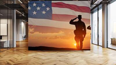 Silhouettes of soldiers saluting on background of sunset or sunrise and USA flag Wall mural