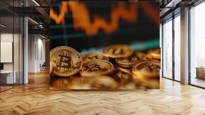 Bitcoin Cryptocurrency with Fluctuating Market Chart Wall mural