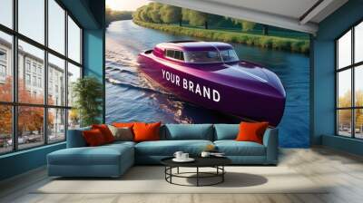 Luxury motorboat in the river at sunset. 3d rendering Wall mural