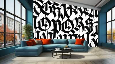 Font pattern, medieval gothic. Vector. European modern gothic. Black letters on a white background. All letters are handwritten with a pen. Capital letters. Ornament for packaging and clothing. Wall mural