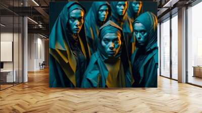 Girls nuns from the future, an alternative reading. Women in cloaks with their heads covered. Illustration for games and design projects. Image generated by artificial intelligence. Generative AI. Wall mural