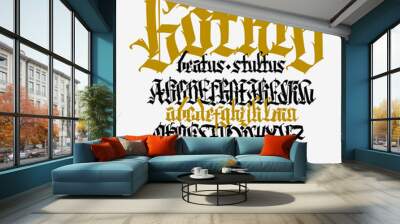 Gothic, English alphabet. Medieval Latin letters and numbers. Signs and symbols for tattoos. Ancient European style. Calligraphy and lettering. Separate uppercase and lowercase letters. Wall mural