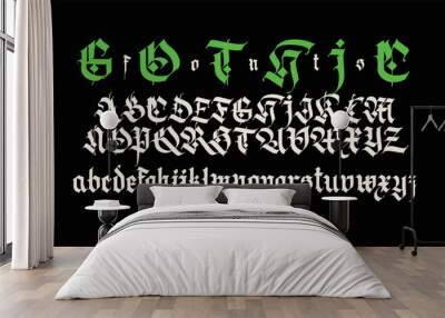 Gothic. Vector. Uppercase and lowercase white letters on a black background. Beautiful and stylish calligraphy. Elegant European typeface for tattoo and design. Medieval Germanic modern style. Wall mural