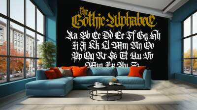 Gothic. Vector. Uppercase and lowercase white letters on a black background. Beautiful and stylish calligraphy. Elegant European typeface for tattoo and design. Medieval Germanic modern style. Wall mural