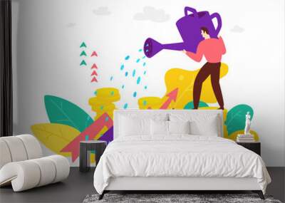 Illustration of a broker of a financier with a watering can who watches the growth of stocks and benefits. Flat style. The investor cares about their money. Revenue growth. Wall mural