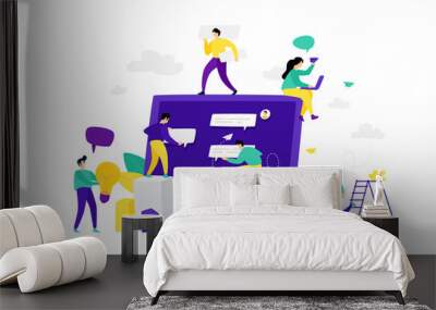 Illustration of a monitor with chat messages. Flat style. Mocap, web template. The team of employees communicates in chat rooms and messengers. Communications in social networks. Teamwork. Wall mural