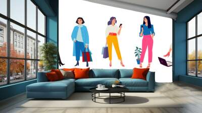 Illustration of fashionable girls in bright clothes. Women go about their business. Casual style of dress. Flat style. Image is isolated on a white background. Wall mural