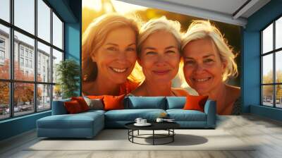 Three positive middle-aged women. Fashionable background for design projects. Illustrations created using artificial intelligence. Illustrations and Clip Art AI generated. Wall mural