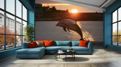 a image beautiful dolphin leaping jumping from shining sunset sea ai generative Wall mural