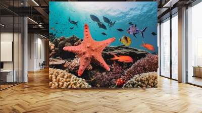 colorful tropical starfish and fish in a coral reef Wall mural