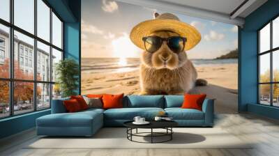 happy easter easter bunny on the beach wearing sun hat and glasses Wall mural