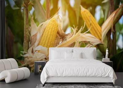 Closeup corn on the stalk in the corn field Wall mural