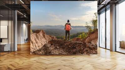 Tourist on the peak of high rocks. Sport and active life concept Wall mural