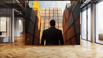 Businessman in suit standing among stacked shipping containers under blue sky, symbolizing global trade and logistics industry. Wall mural