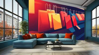 Colorful shopping tags hanging in a row on display shelves. Retail and merchandising concept with gradient lighting. Wall mural