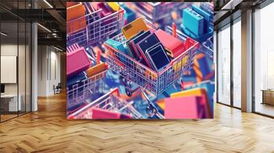 Shopping carts filled with colorful electronics and gadgets, representing a busy electronics store or e-commerce shopping experience. Wall mural