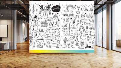 Collection of hand drawn cute doodles,Doodle children drawing,Sketch set of drawings in child style,Funny Doodle Hand Drawn,Page for coloring, cute animal Wall mural