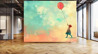 girl with balloons in the sky illustration Wall mural