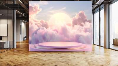  Background pink podium sky 3d platform luxury product beauty display render heaven dreamy stage. Pink stand smoke scene podium white background pastel romantic space sunset abstract backdrop light. Wall mural