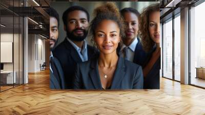 A diverse group of businesspeople poses for a professional team photo, exuding confidence and professionalism, while looking smart and impeccable. Wall mural