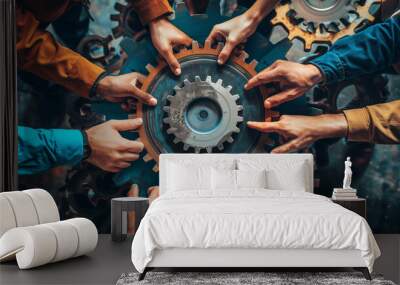 Gear cog business wheel team teamwork hand concept people office together unity group. Work gear business worker cog power industry meeting solution cooperation man company technology innovation view. Wall mural