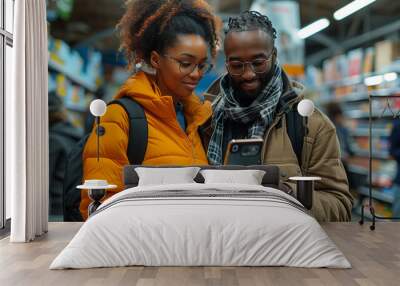 Happy couple buying a smartphone in store. New digital device concept. Wall mural