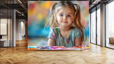 Little girl playing with colors on bright blur home background, creative children concept, with copy space. Wall mural