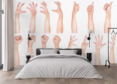 Multiple Male Caucasian hand gestures isolated over the white background, set of multiple images. Wall mural