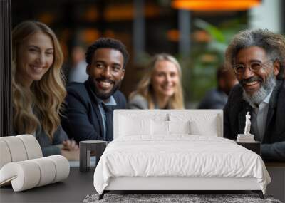 Smiling group of diverse businesspeople working together around a meeting table in an office complex lobby. Wall mural