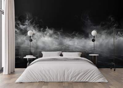 Smoke black ground fog cloud floor mist background steam dust dark white horror overlay. Ground smoke haze night black water atmosphere. Wall mural