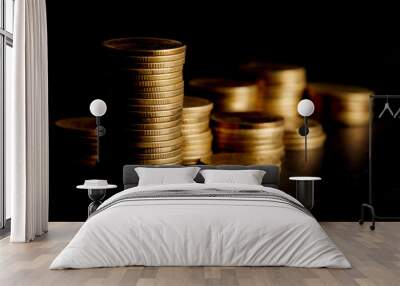 Stack of Gold Coin on Black Background. Wall mural