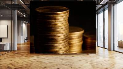 Stack of Gold Coin on Black Background. Wall mural