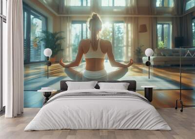 Yoga, woman stretching in modern home on the floor in living room with peace. Wall mural