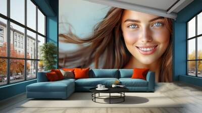 young elegance Model with shiny brown smooth healthy hair with long straight and glowing, skin natural beauty smooth skin for Care and hair products. Wall mural