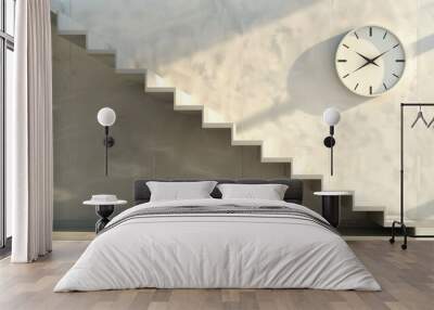 A contemporary staircase with a minimalist design and a striking, oversized clock on the wall Wall mural