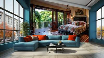 bedroom with a British colonial theme, including tropical prints, dark wood furniture, and ceiling fans Wall mural