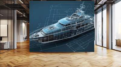 Blueprints of a luxury yacht, showcasing its deck layouts and interior design Wall mural