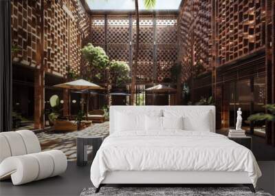 boutique hotel with a unique brick lattice exterior, creating intricate patterns of light and shadow in the interior courtyard Wall mural