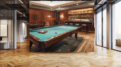 classic billiards room with a full-size pool table, rich wood paneling, and a built-in bar for leisurely evenings Wall mural