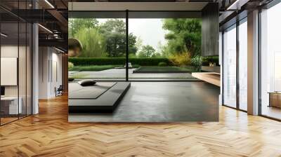 contemporary living room with floor-to-ceiling tinted windows overlooking a minimalist garden Wall mural