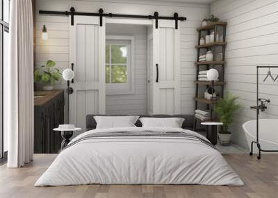 Design a modern farmhouse bathroom with a sliding barn door and subway tile Wall mural