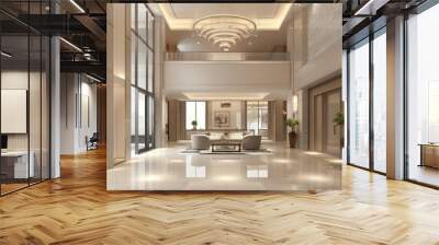 elegant minimalist foyer with a high ceiling, a simple chandelier, and a neutral color scheme that welcomes with understated luxury Wall mural