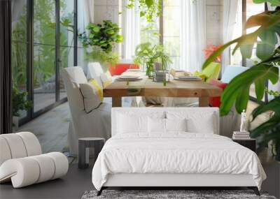 elegant summer dining room showcasing a wooden table, white linen chairs with bright cushions, and vibrant green plants, bathed in natural light from floor-to-ceiling windows Wall mural