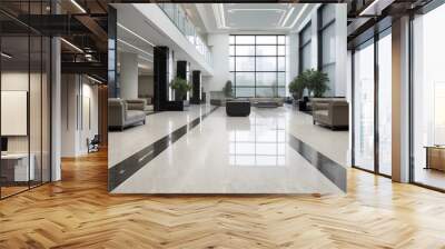 High-rise office building lobby with whites and black polished granite accents. Wall mural