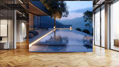 minimalist outdoor pool area with an infinity edge, discreet landscape lighting, and simple, elegant poolside furniture for a seamless blend with nature Wall mural