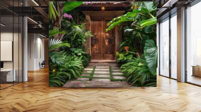 Tropical entrance with a teak door and lush greenery Wall mural