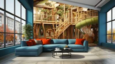 Two-story indoor treehouse playland with walkways, ladders, climbing nets, slides and 