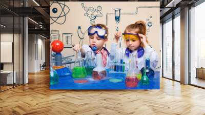 small children do chemical experiments. cheerful science, Wall mural